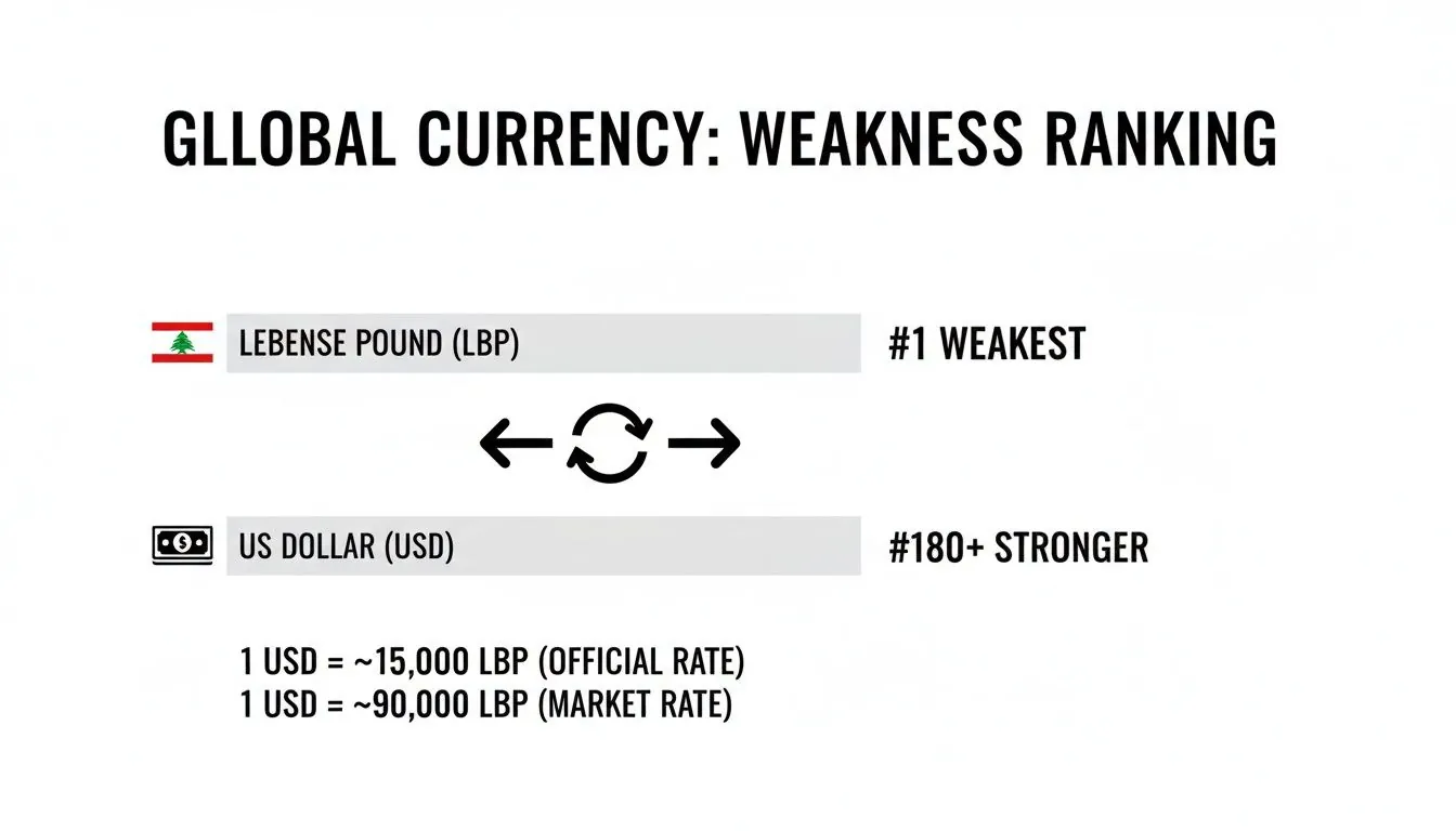 Global currency weakness ranking comparing Lebanese Pound as weakest to US Dollar exchange rates.
