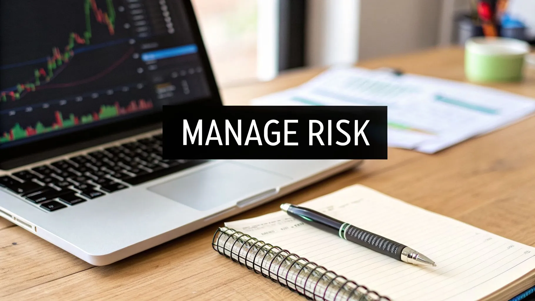 A laptop showing financial charts with a 'MANAGE RISK' banner, next to a notebook and pen.