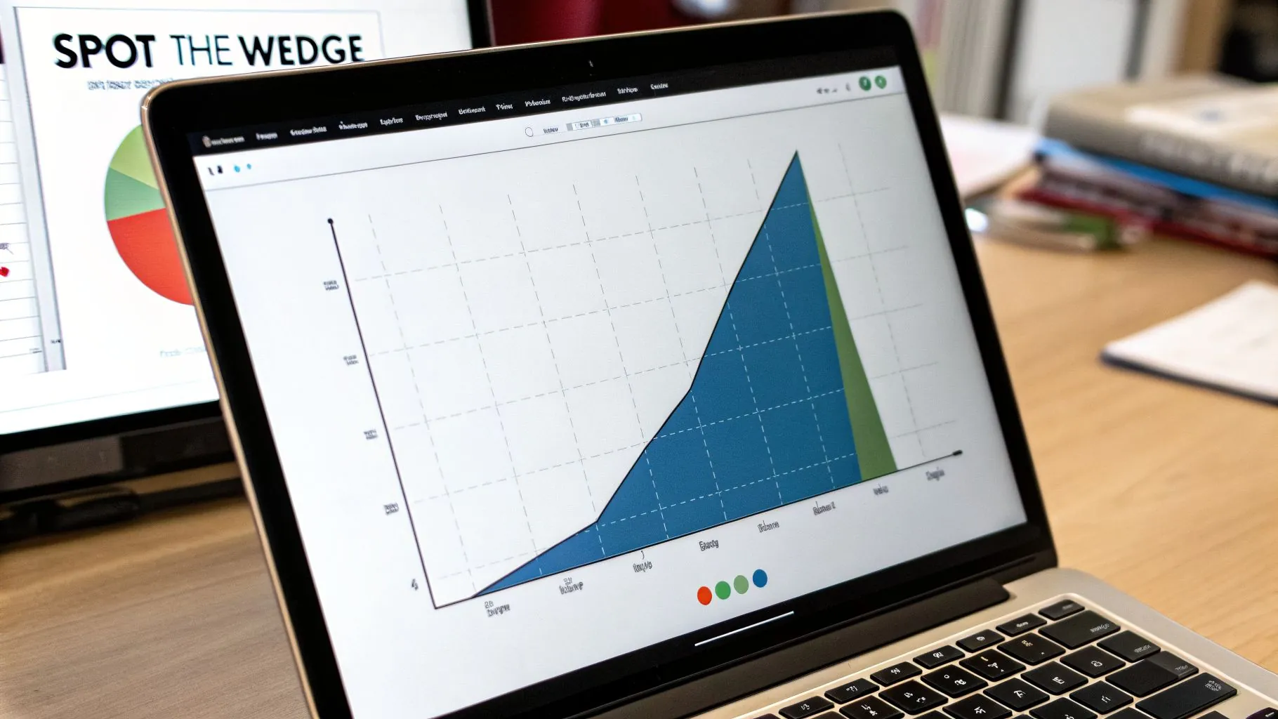 A laptop shows a data chart with a rising blue and green area, next to a 'Spot the Wedge' screen.