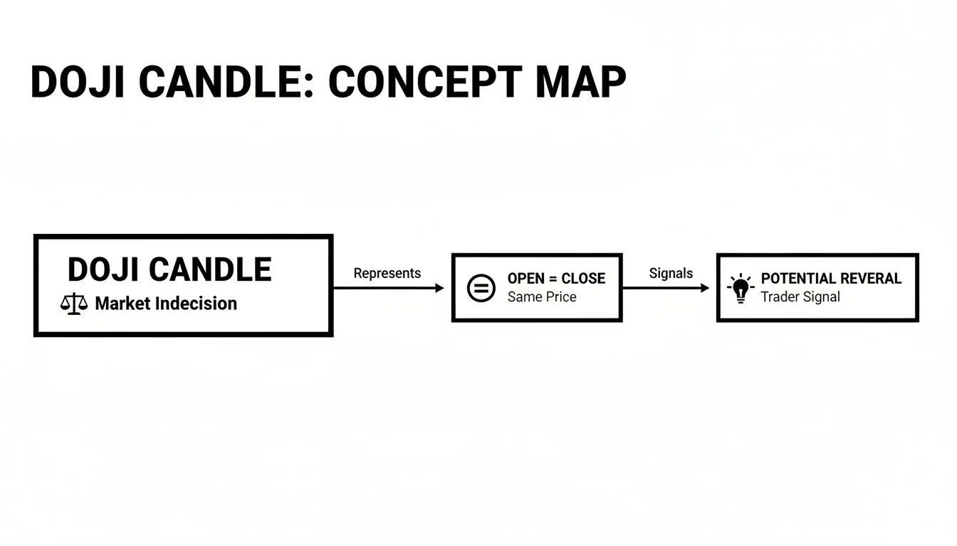 Doji candle concept map: market indecision (open=close) indicates potential reversal, a trader signal.