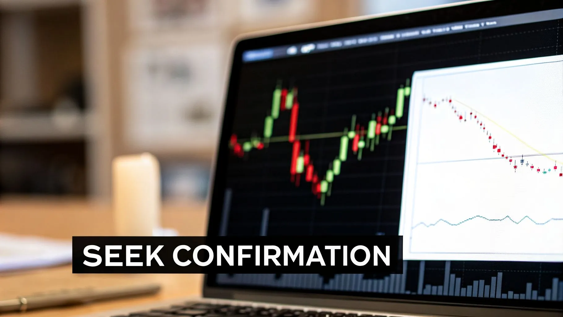 A laptop screen displays financial candlestick charts and a line graph with the text 'SEEK CONFIRMATION' overlaid.
