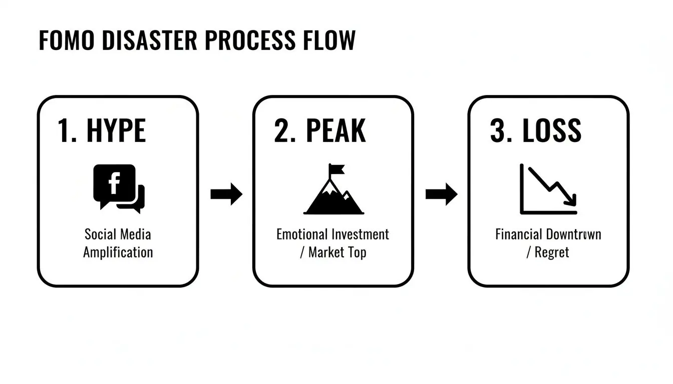 Flowchart illustrating the FOMO disaster process: Hype, Peak, and Loss, with explanations.