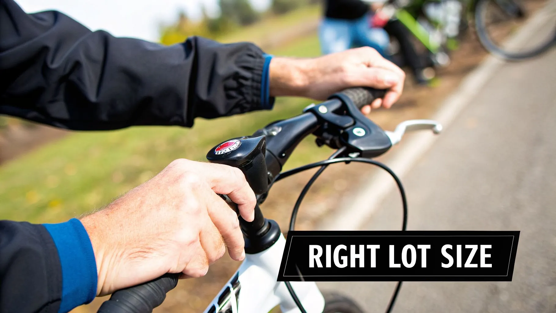Close-up of a person's hands holding bicycle handlebars on a sunny outdoor path.