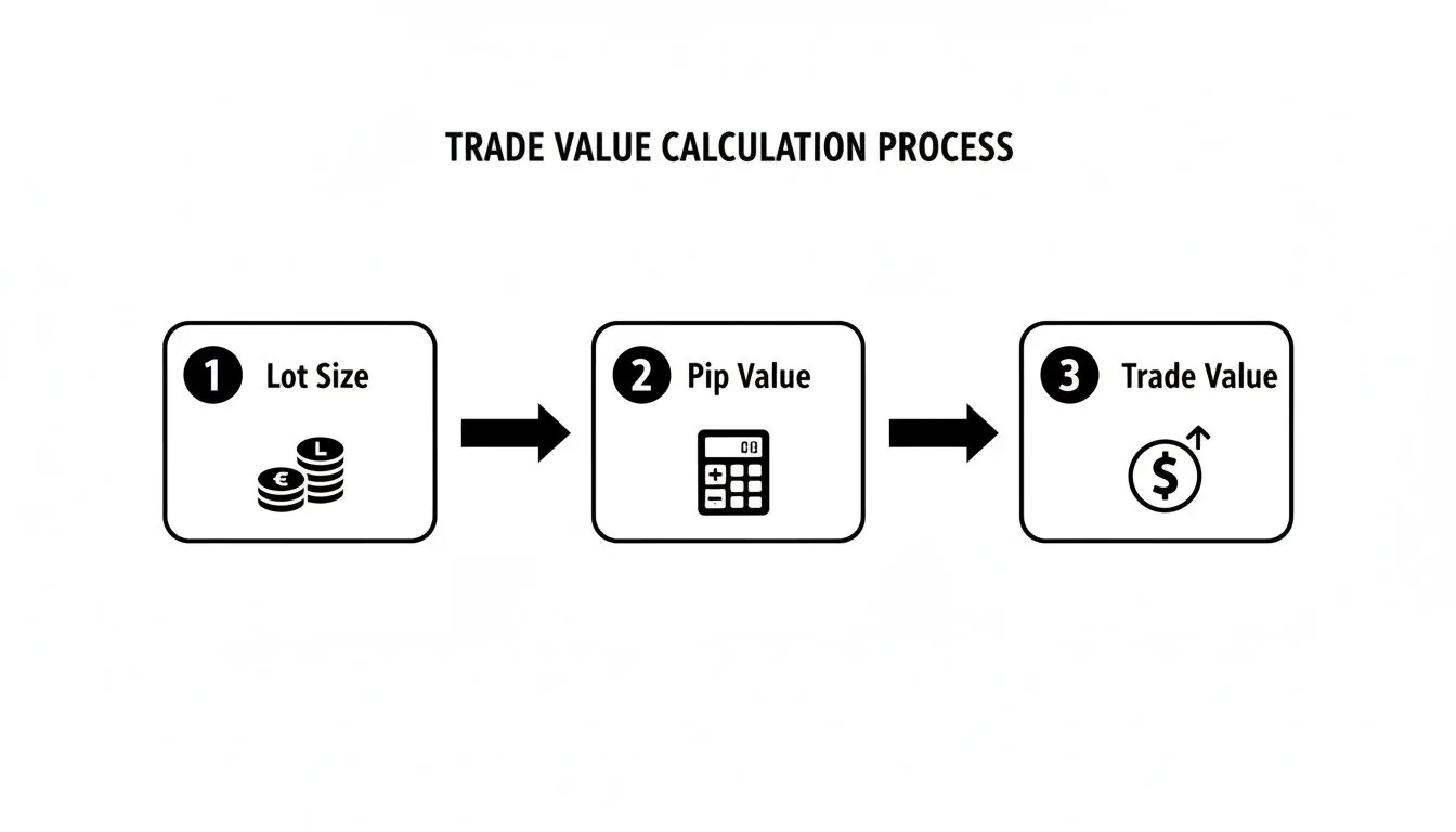 Flowchart illustrating the three-step trade value calculation process: Lot Size, Pip Value, Trade Value.