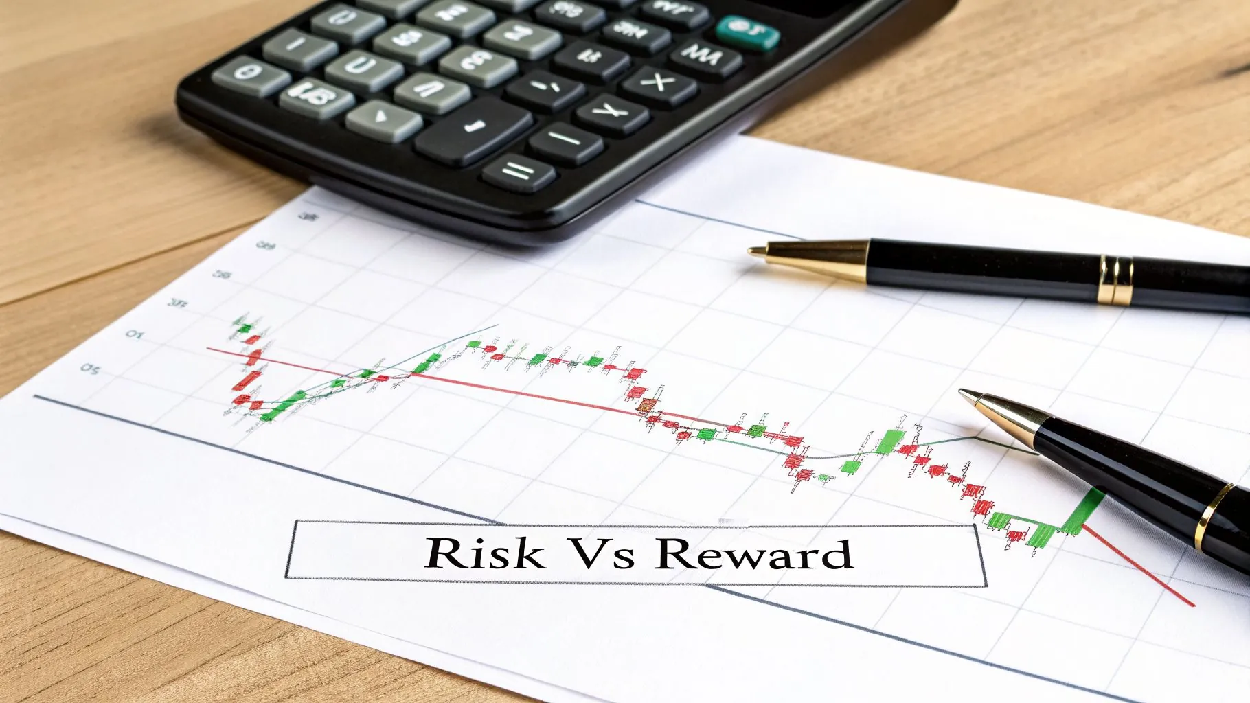 A financial candlestick chart with green and red bars illustrating risk vs reward, alongside a calculator and pens.