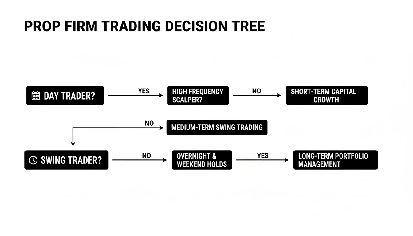 A prop firm trading decision tree flowchart showing paths for day, swing, and long-term traders.