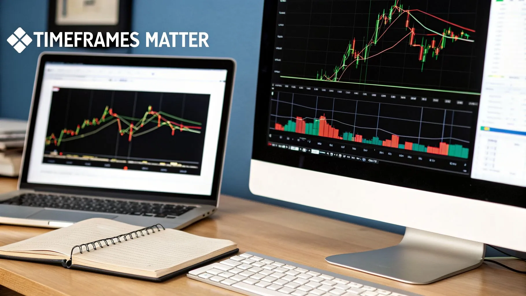 Two screens display detailed financial trading charts and analysis with an open notebook on a desk.