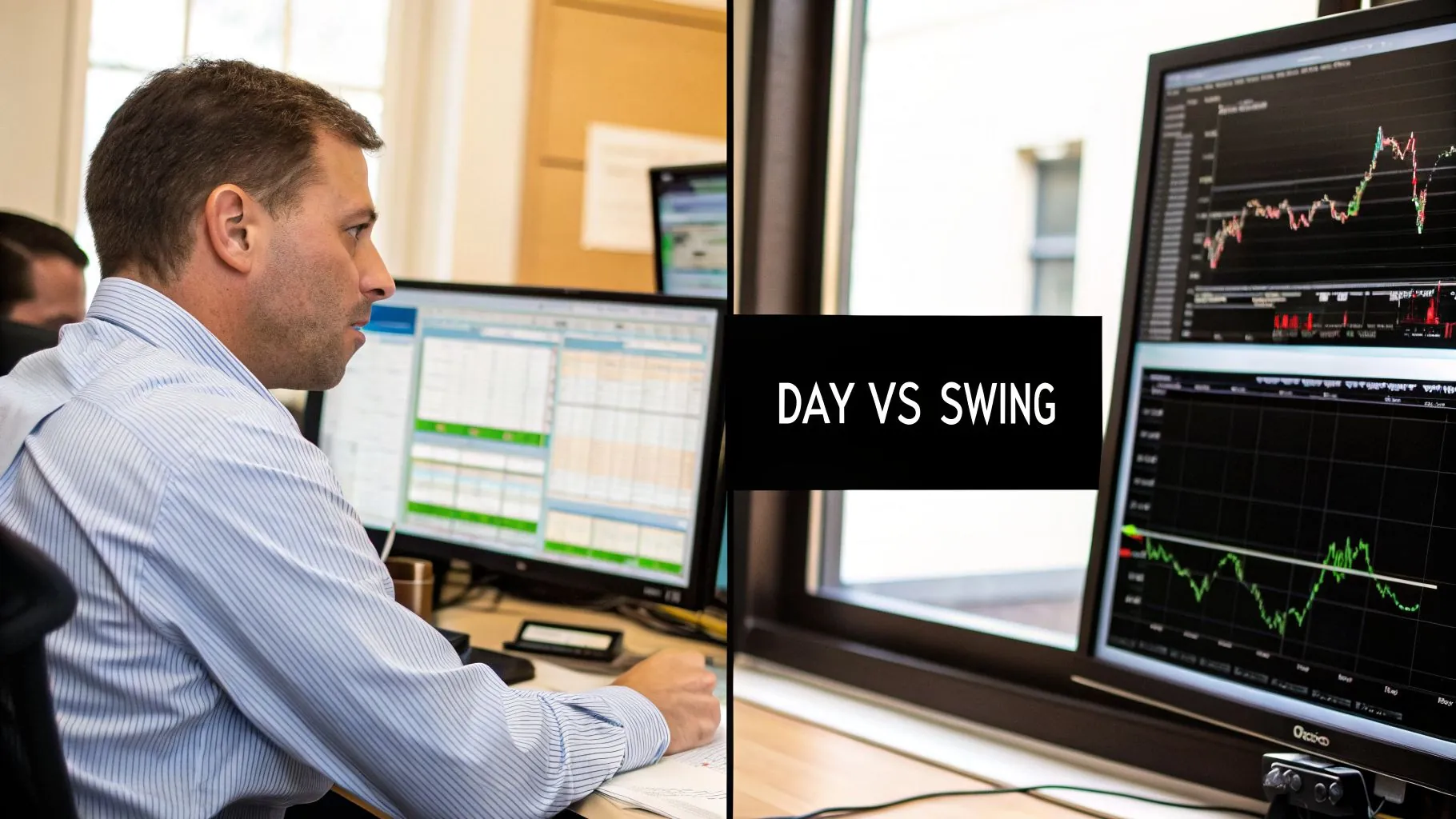 Professional trader analyzing financial charts on multiple screens, contrasting 'DAY VS SWING' strategies.