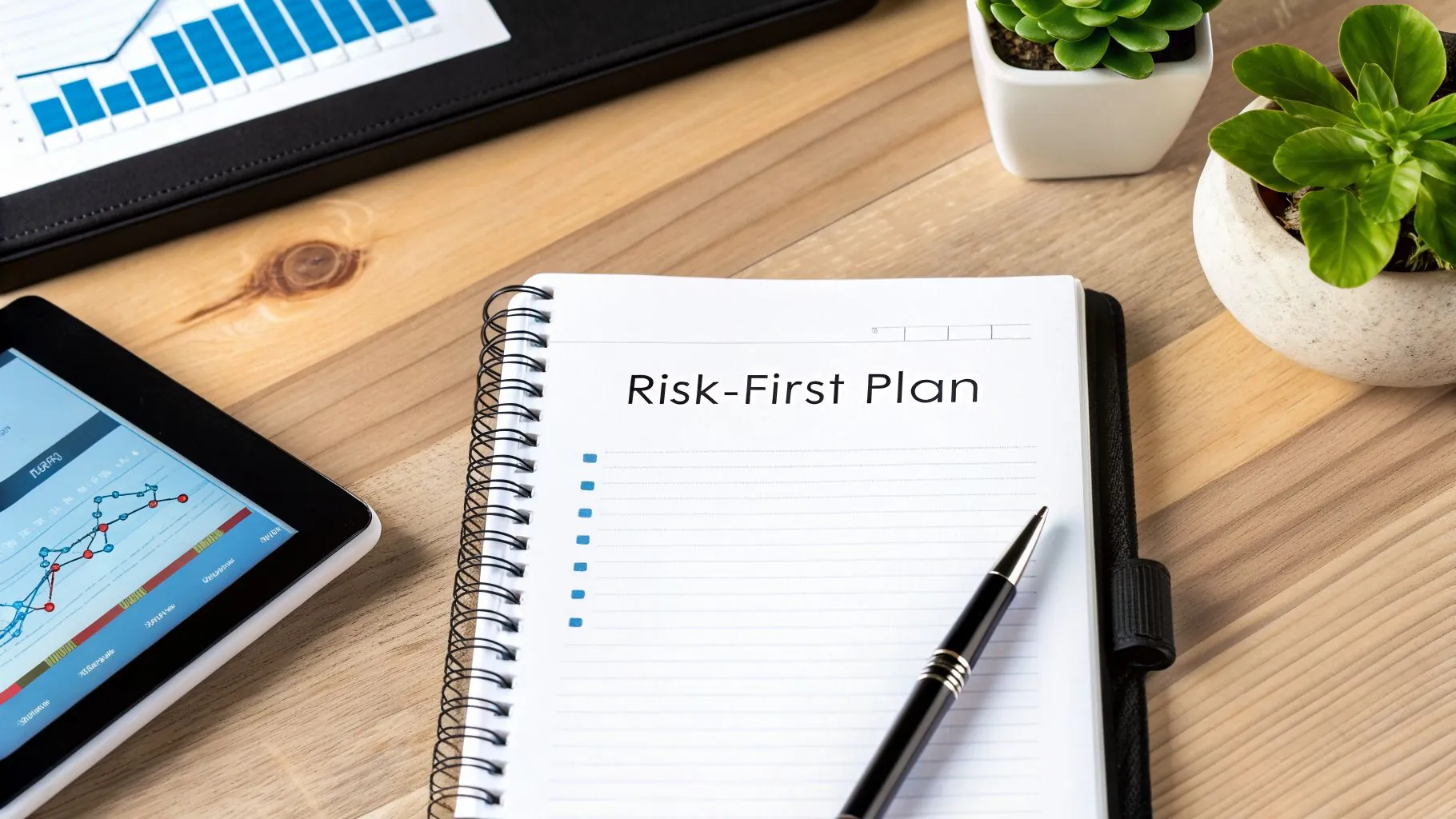 A 'Risk-First Plan' notebook with a pen, tablet showing graphs, and plants on a wooden desk.