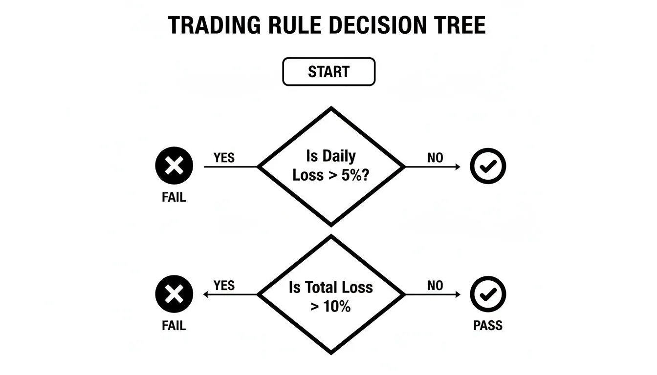 A trading rule decision tree flowchart outlining daily and total loss limits leading to pass or fail outcomes.