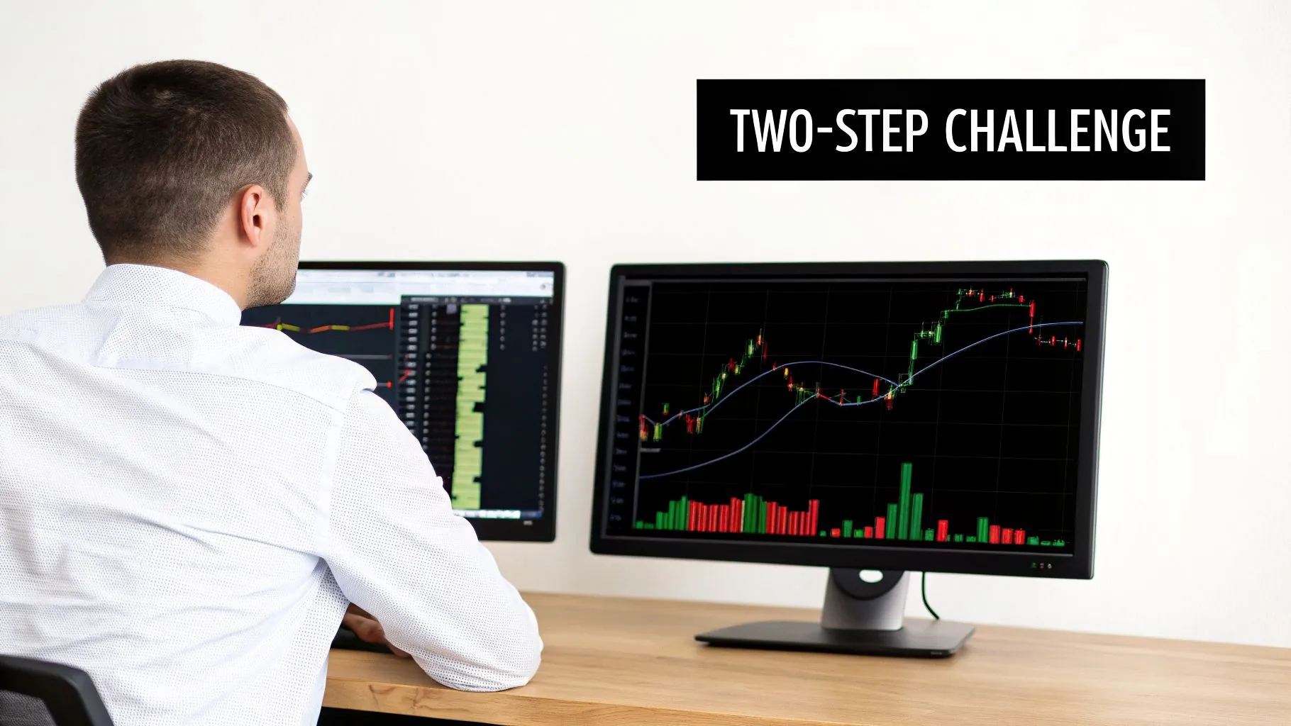 Businessman monitors financial charts on dual screens, engaging with a 'Two-Step Challenge'.