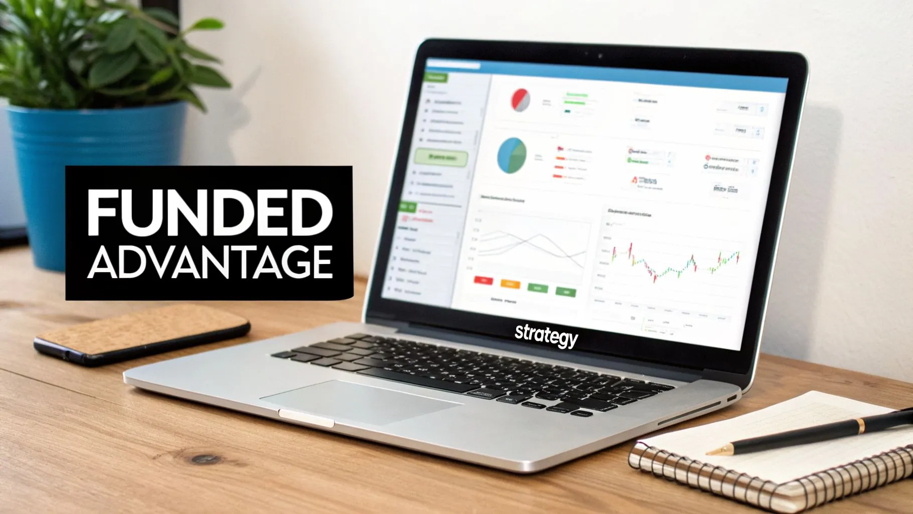 Laptop showing financial strategy dashboard, 'FUNDED ADVANTAGE' text, and office essentials on a wooden desk.