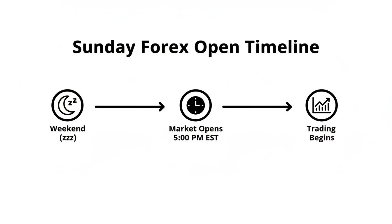 Timeline illustrating the Forex market opening on Sunday, moving from weekend to trading at 5:00 PM EST.