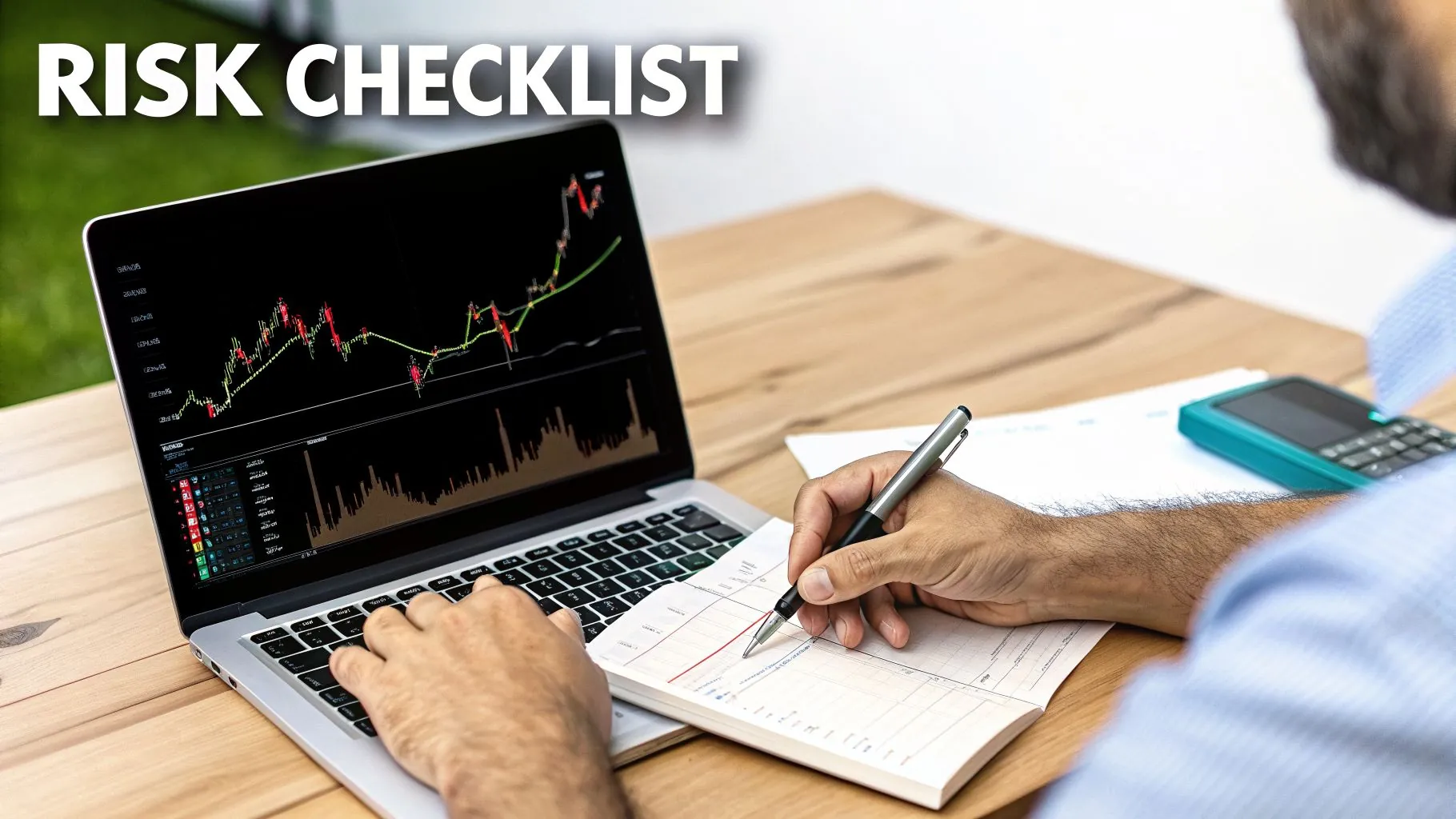 A person analyzes financial charts on a laptop while writing in a notebook, with 'Risk Checklist' overlay.