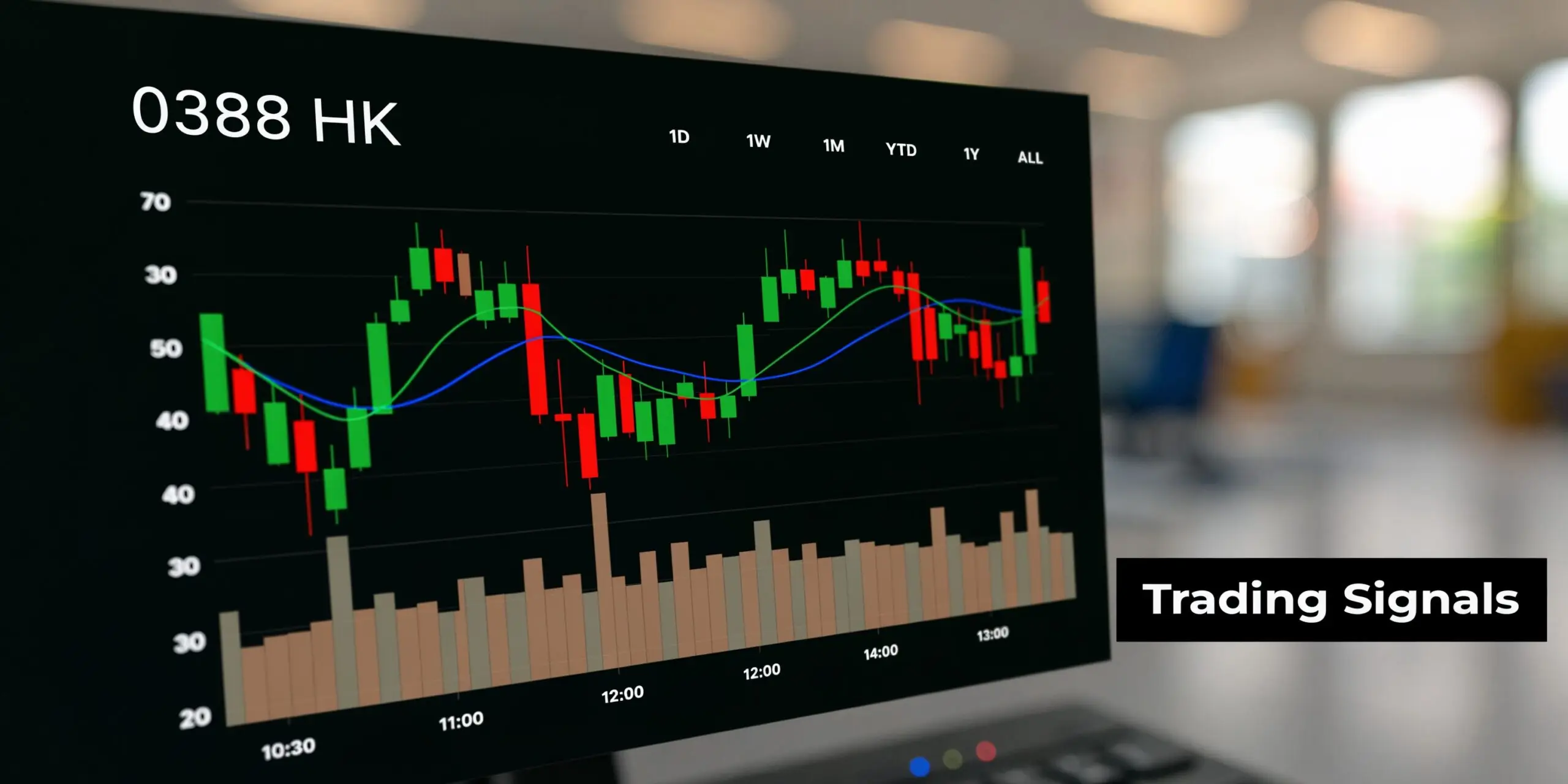 A digital screen displays the 0388 HK stock market price chart with candlestick patterns and trading signals.