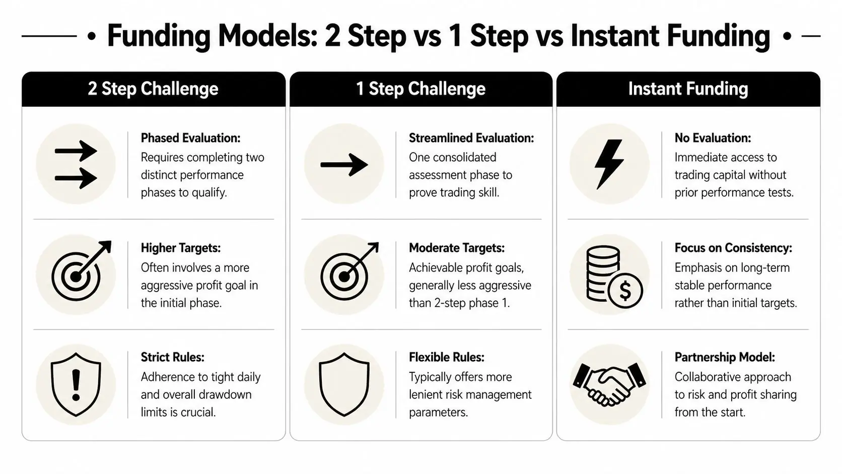 A comparison chart outlining the differences between 2 step, 1 step, and instant funding trading challenge models.