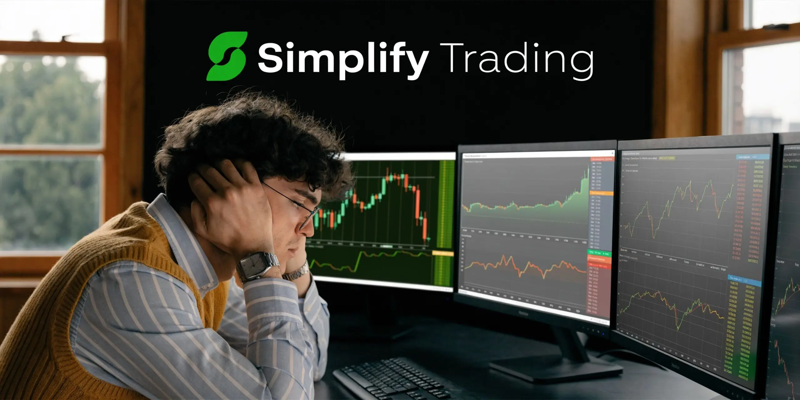A stressed trader sits in front of multiple computer monitors displaying complex financial charts and trading data.