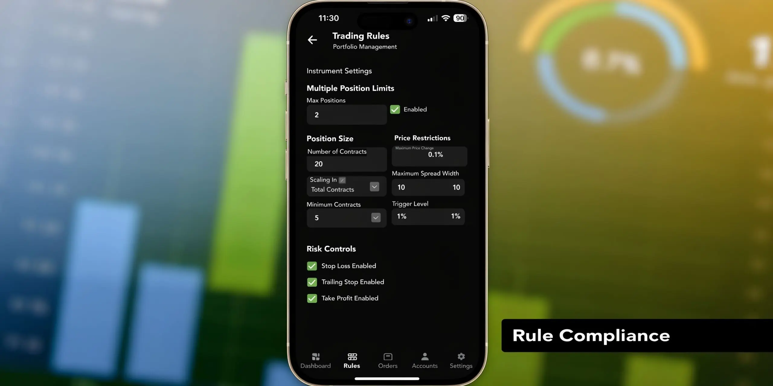 A smartphone screen displaying the Trading Rules interface for a portfolio management application, showing position limits and risk controls.