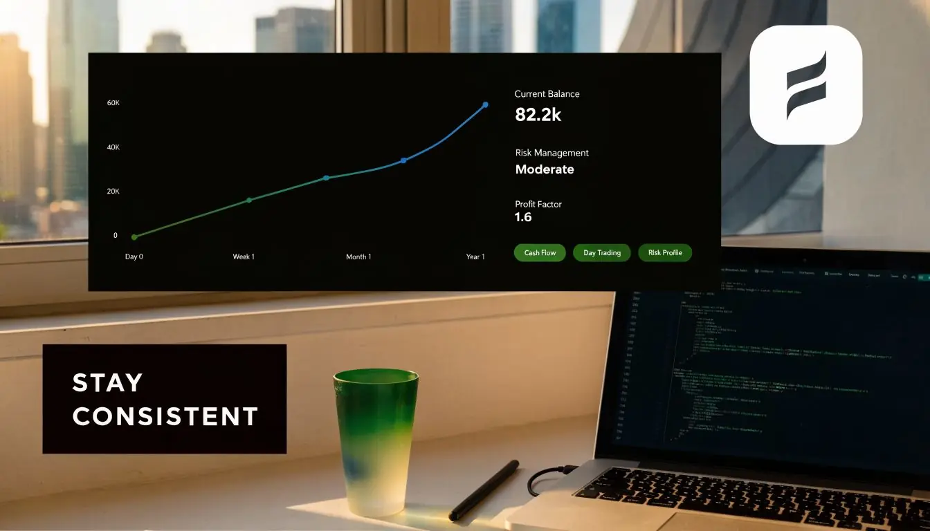 A digital financial dashboard showing growth trends, profit factors, and risk management settings on a workspace desk.