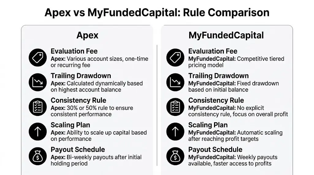 A comparison chart outlining key trading rules and policies between Apex and MyFundedCapital trading platforms.