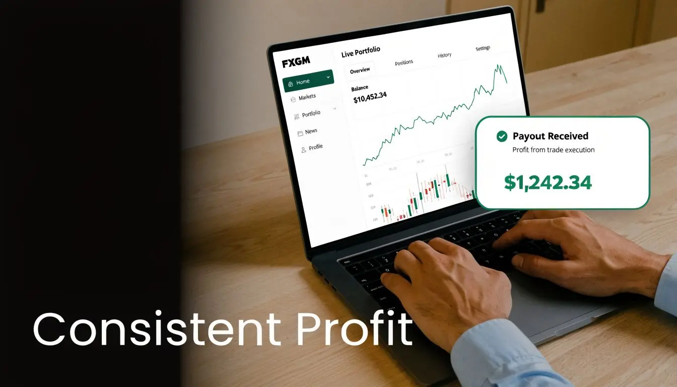 A person uses a laptop to check an FXGM trading portfolio showing consistent profit and payout results.