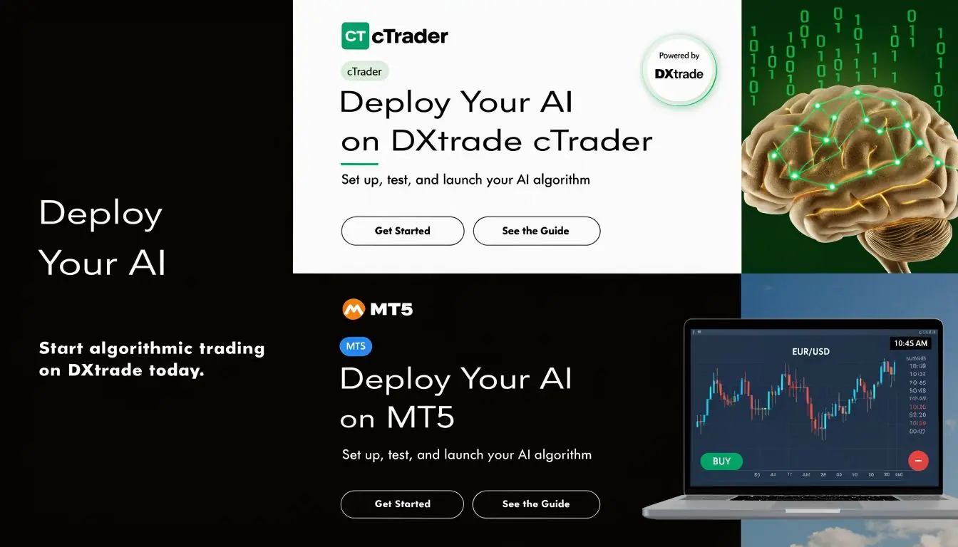 A dual-panel graphic promoting the deployment of artificial intelligence algorithms on cTrader and MT5 trading platforms.
