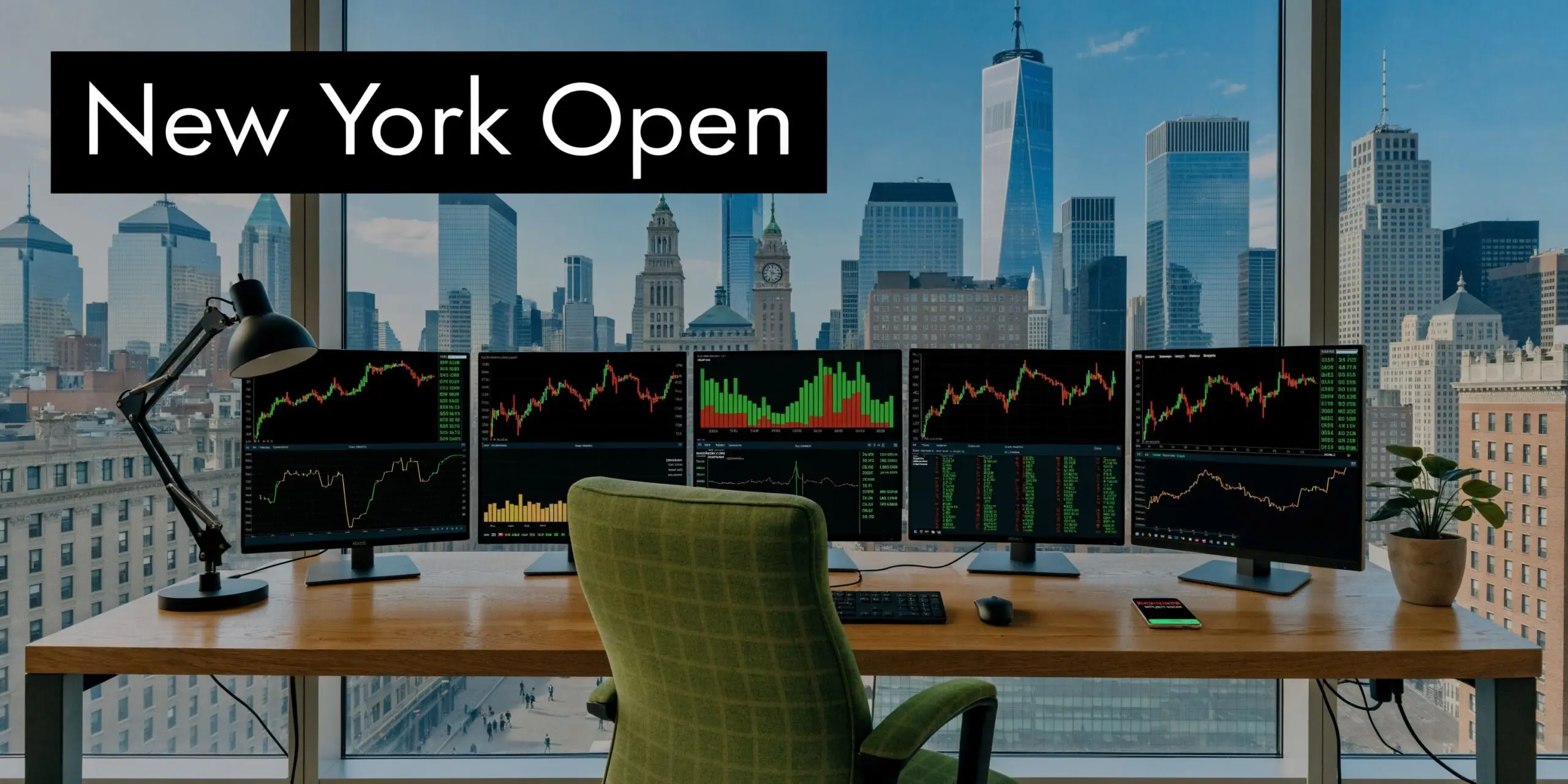 A professional trading desk setup featuring multiple monitors displaying stock charts overlooking the New York skyline.