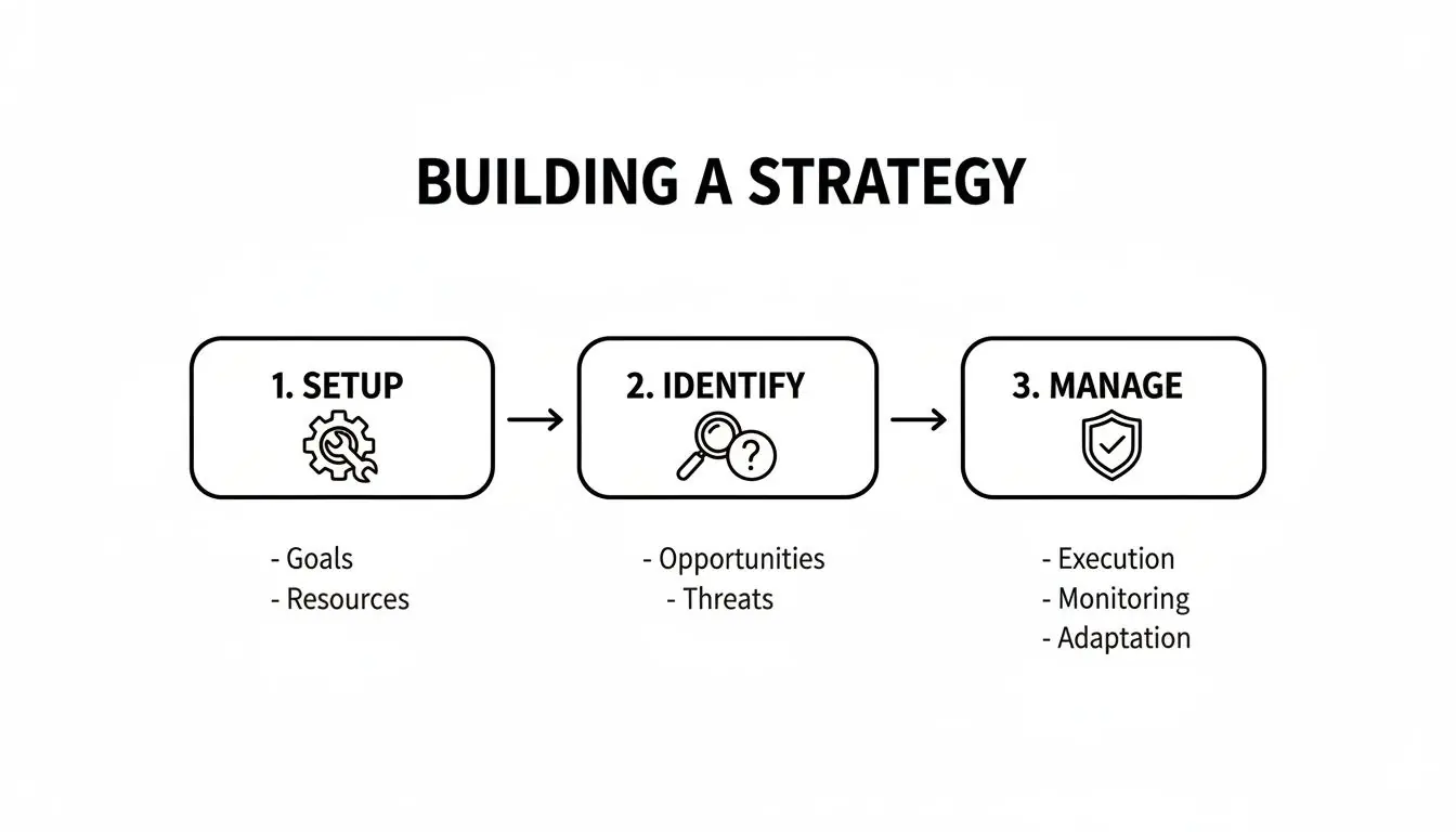 A diagram illustrating the three-step process for building a strategy: Setup, Identify, and Manage.