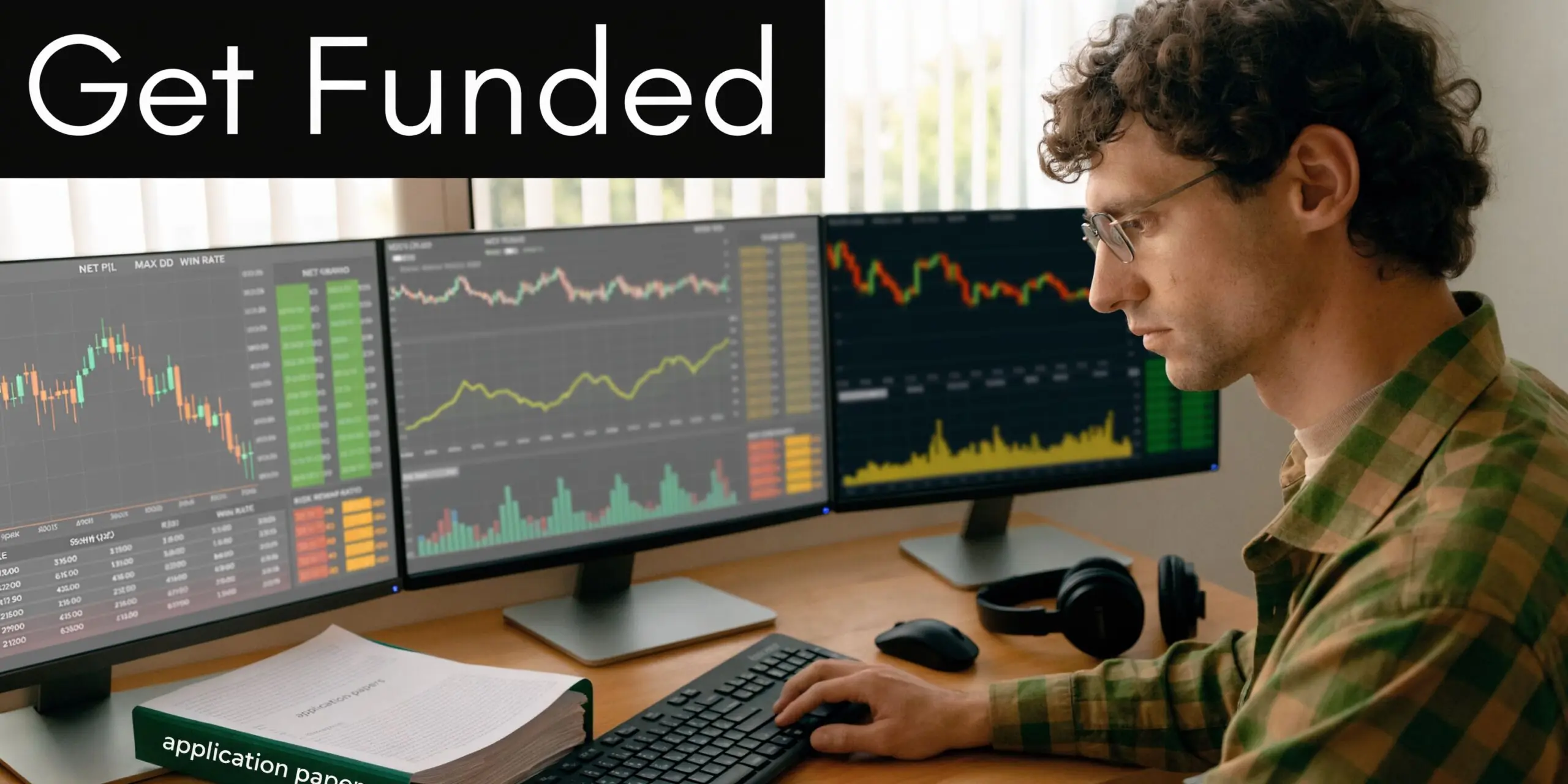 A focused young trader analyzing stock market charts and financial data on multiple computer monitors at home.