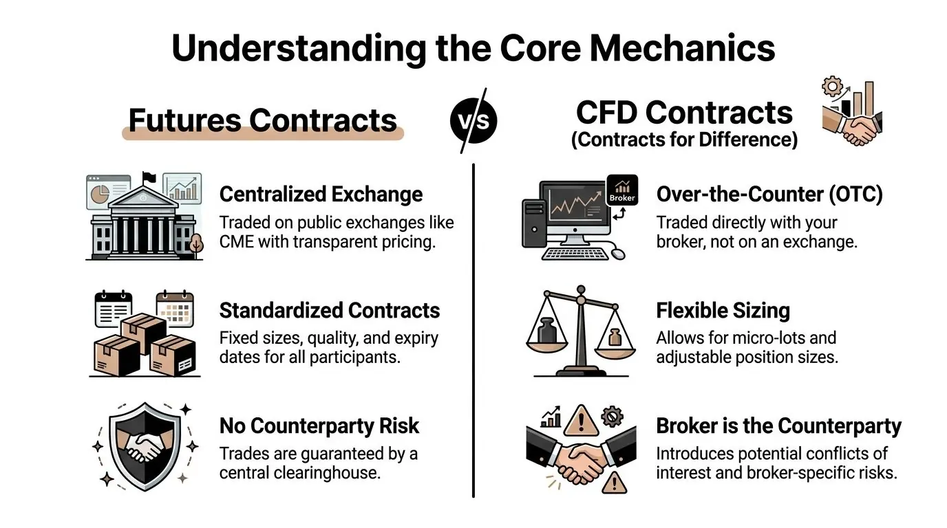 A comparison infographic showing the key differences between futures contracts and CFD trading for financial investors.