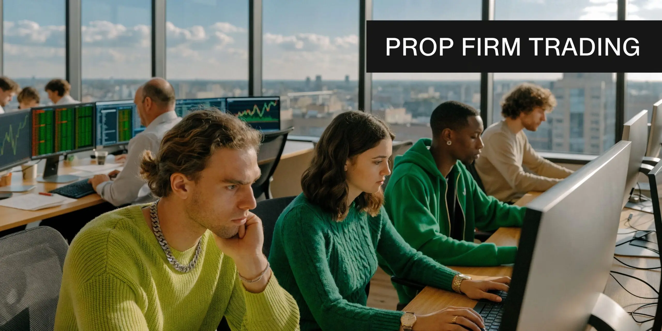 A diverse group of professional traders working at their computer monitors in a modern office, prop firm trading.
