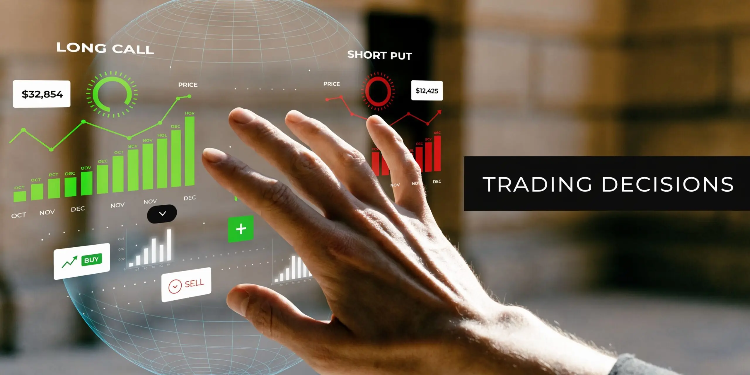 A hand interacting with a digital holographic display showing financial trading charts and market data analysis.