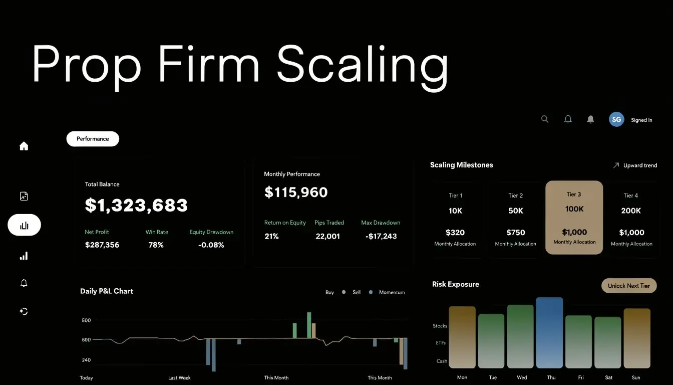 A digital dashboard showing trading performance, account balance, scaling milestones, and risk exposure for a prop firm.