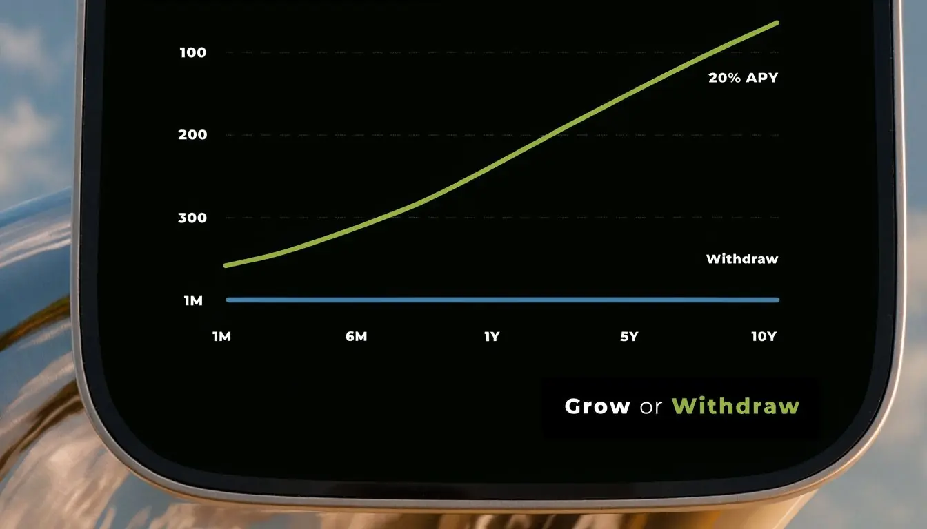 A digital financial chart showing the comparison between 20% APY compound growth and stagnant capital withdrawal.