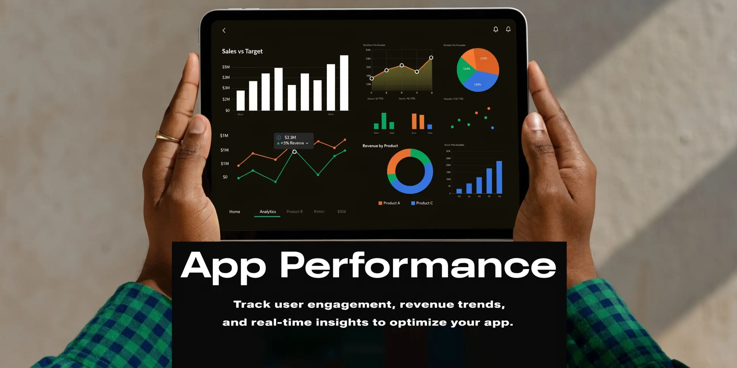 A person holding a tablet displaying an analytics dashboard with various charts and graphs tracking app performance.