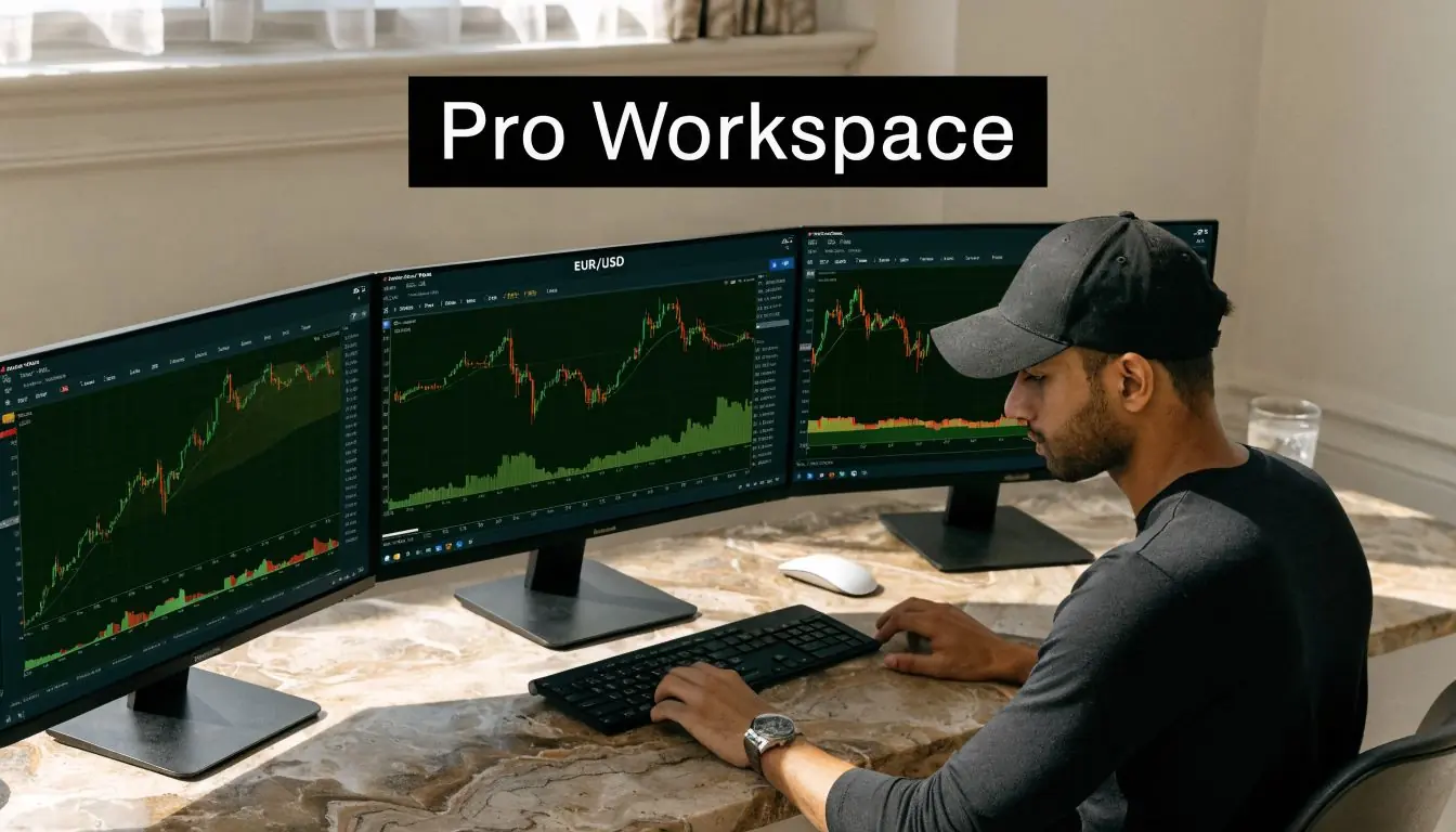 A professional trader wearing a black cap analyzing stock market charts on multiple computer screens at his desk.