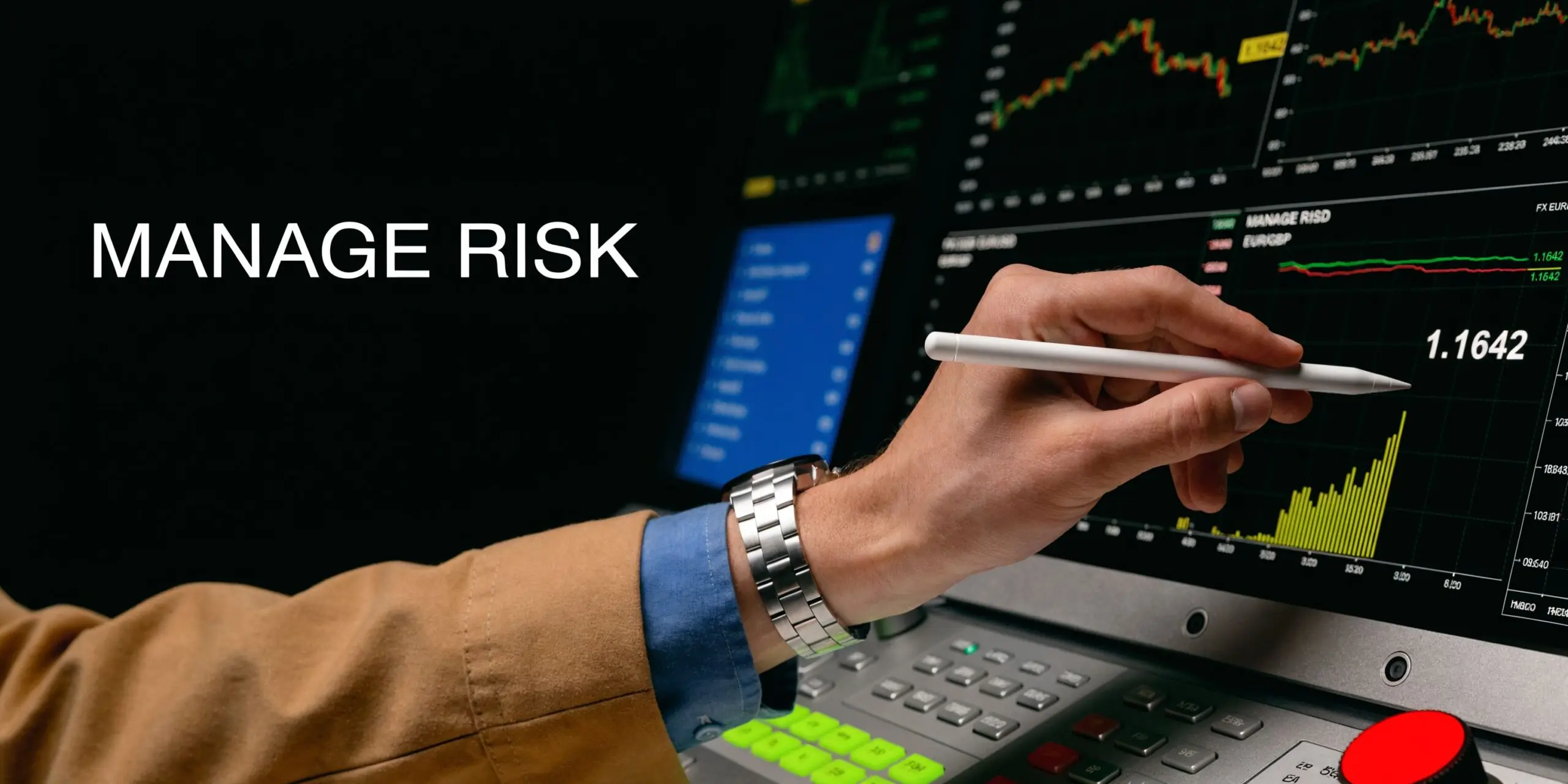 A professional financial trader using a stylus to analyze stock market data on a digital monitor screen.
