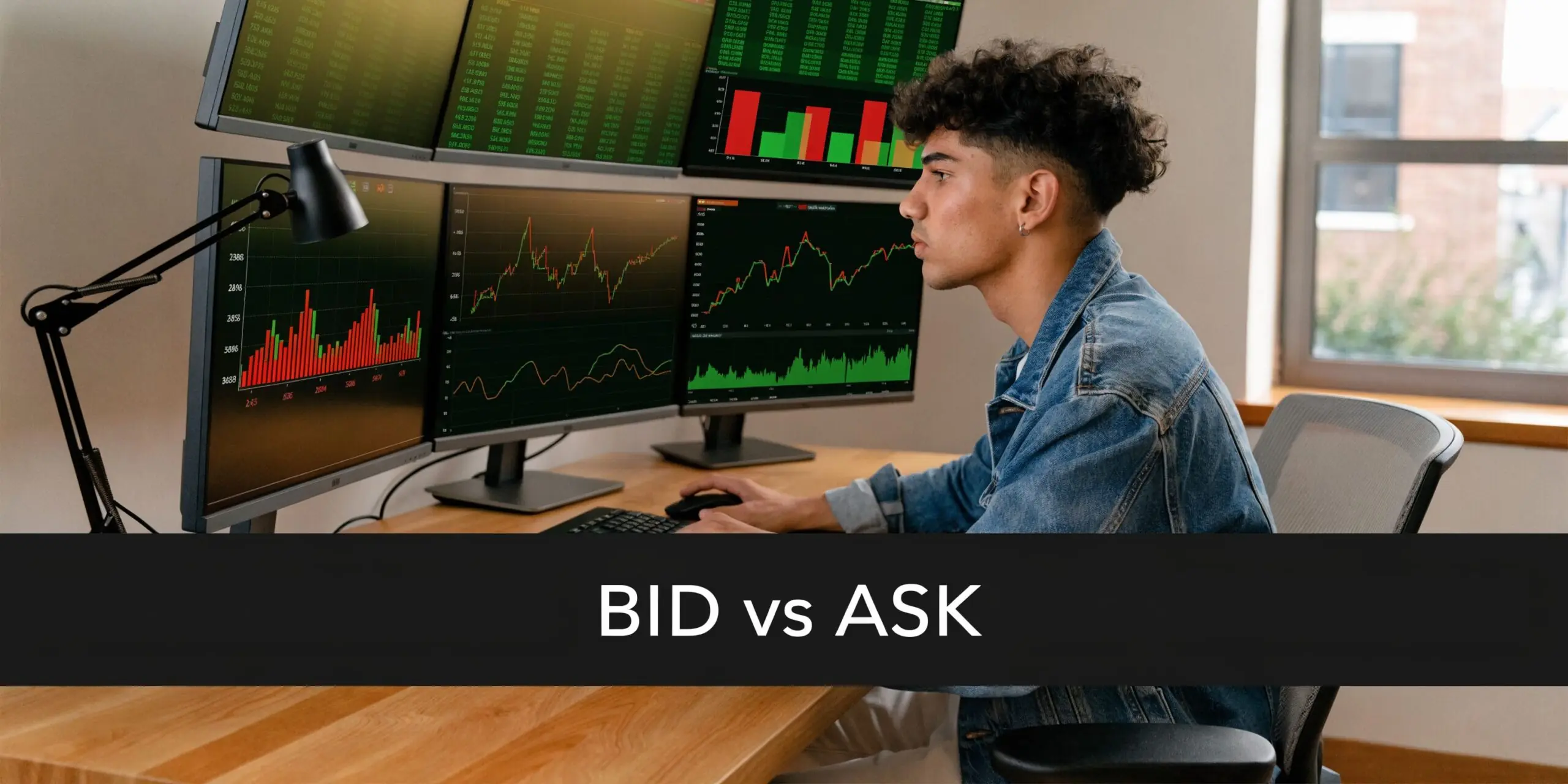 A young man sitting at a desk with multiple monitors displaying complex stock market trading charts.
