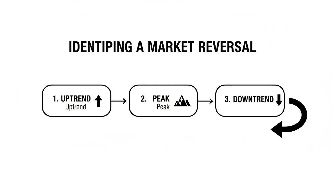 Flowchart illustrating a market reversal with uptrend, peak, and downtrend stages.