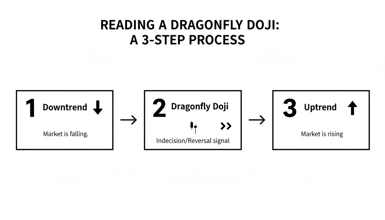 A 3-step flowchart explaining how to read a Dragonfly Doji candlestick pattern.