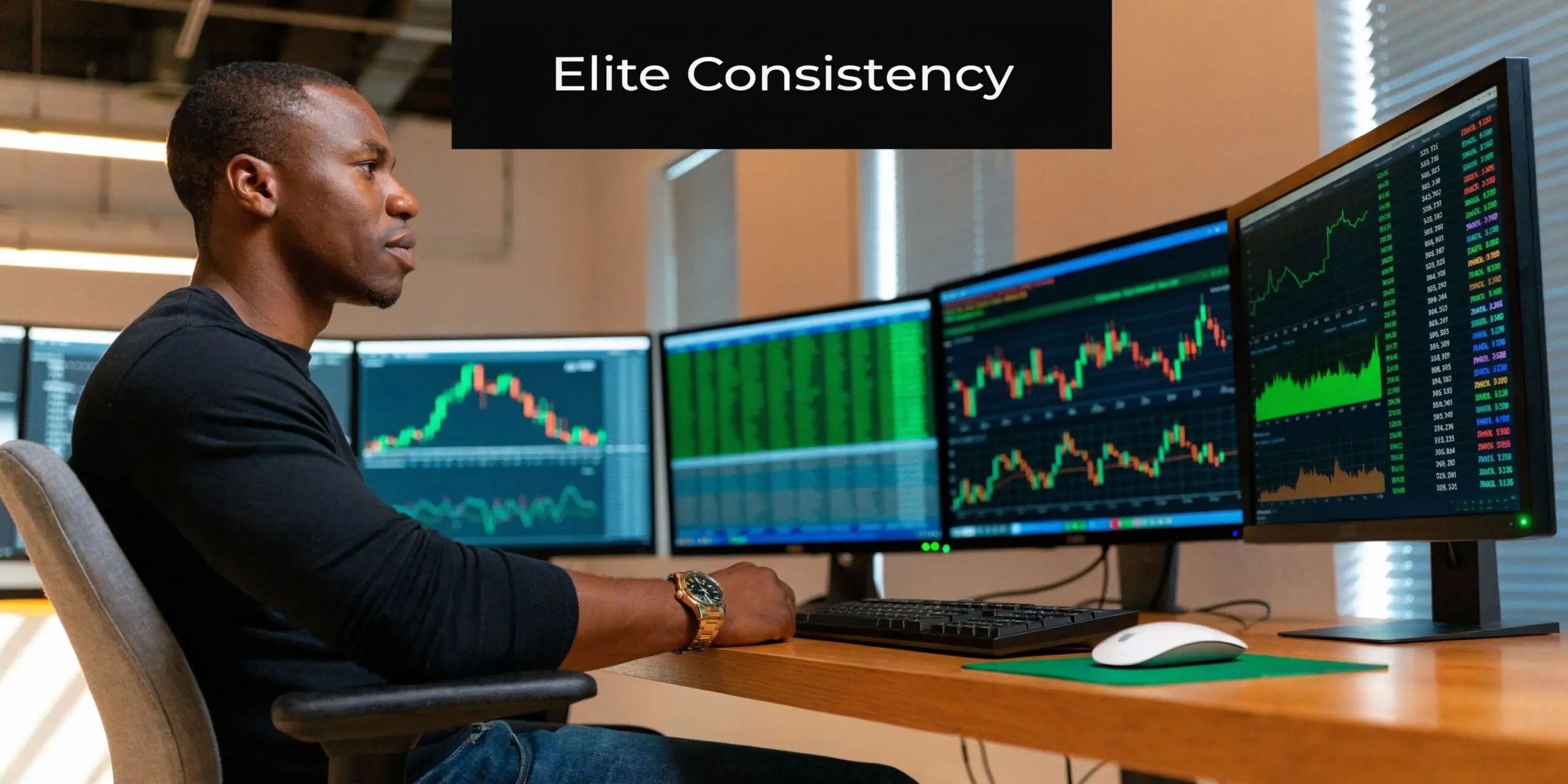 A professional trader sitting at a desk monitoring multiple computer screens showing complex financial stock market charts.