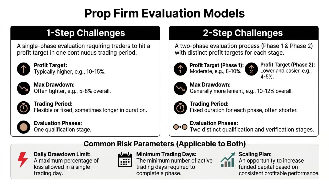 A comparison chart outlining the key differences between 1-step and 2-step prop firm trading evaluation models.