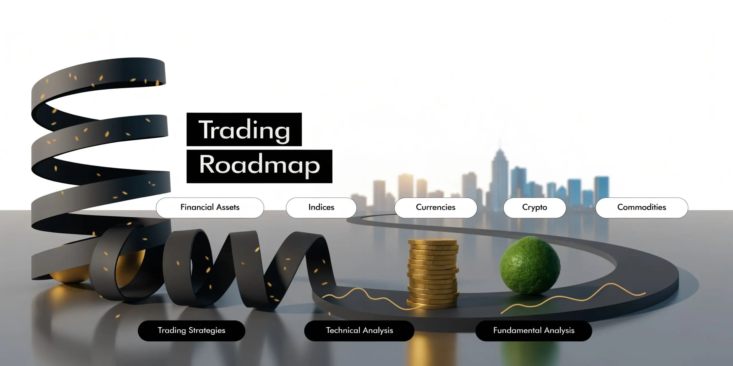 A 3D visualization of a trading roadmap, displaying financial assets, technical and fundamental analysis concepts.