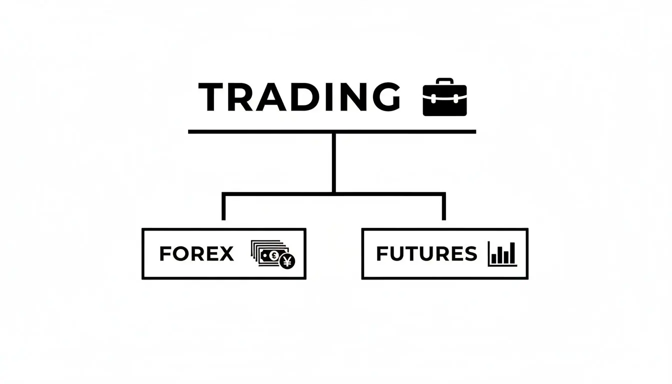 A financial trading diagram showing a briefcase icon, with branches for Forex with money, and Futures with a bar chart.