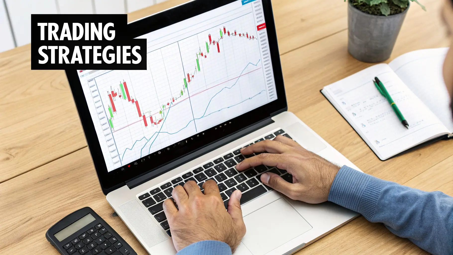Overhead view of a person typing on a laptop showing trading charts and 'TRADING STRATEGIES' on a wooden desk.