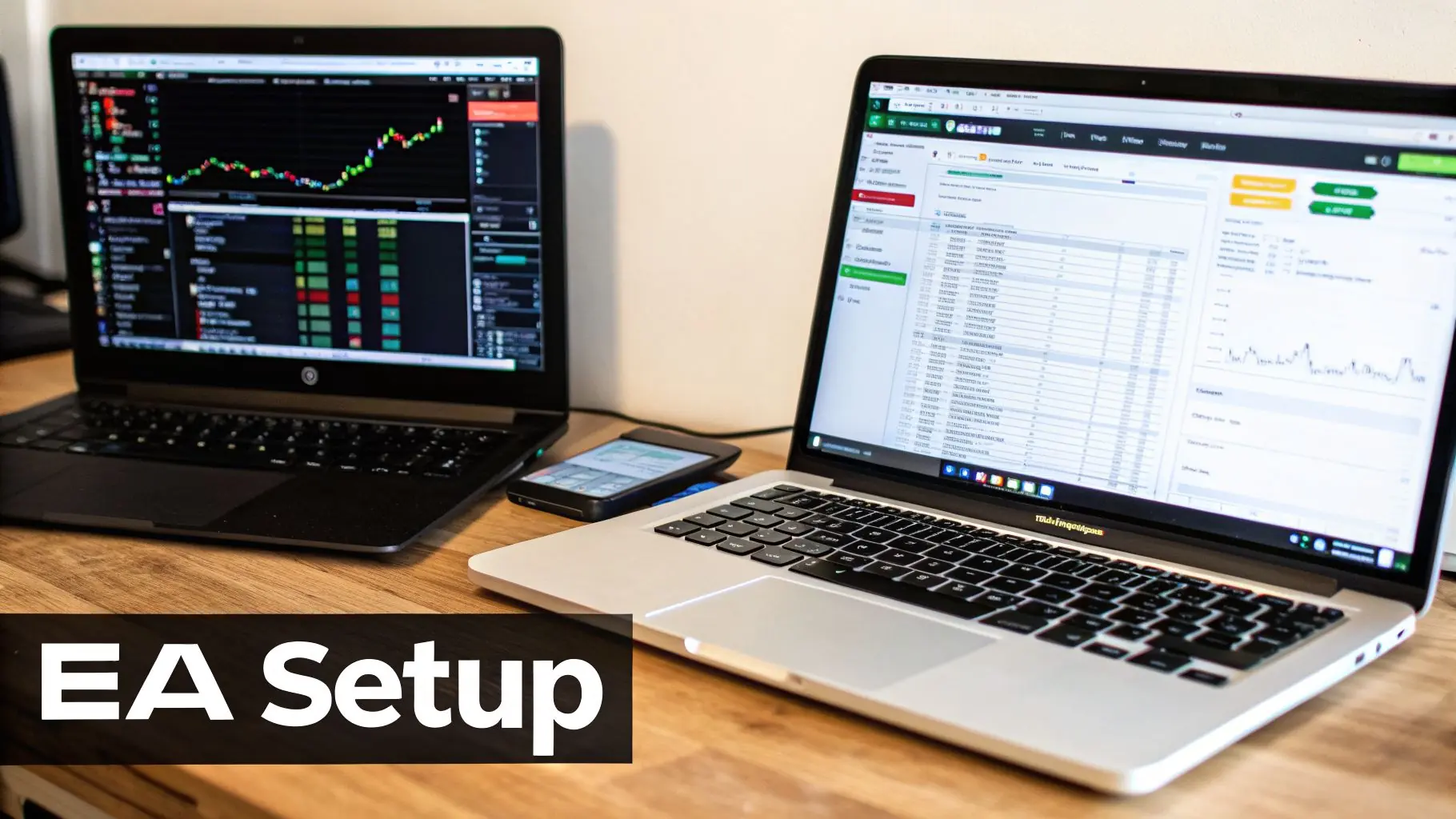 Two laptops and a smartphone display financial charts and trading data on a wooden desk.