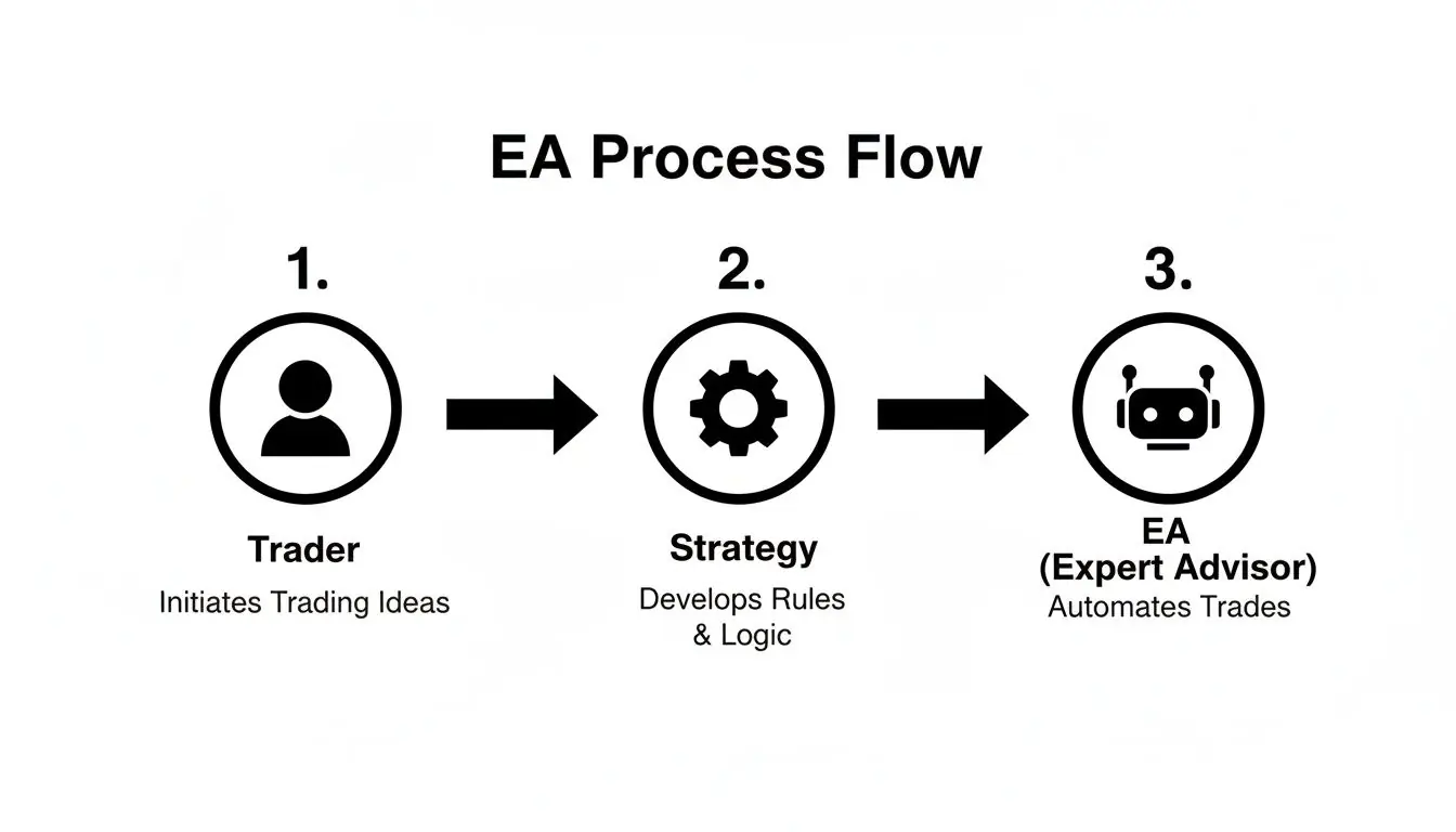 Flowchart showing how a trader's ideas become automated trades via strategy and expert advisor.
