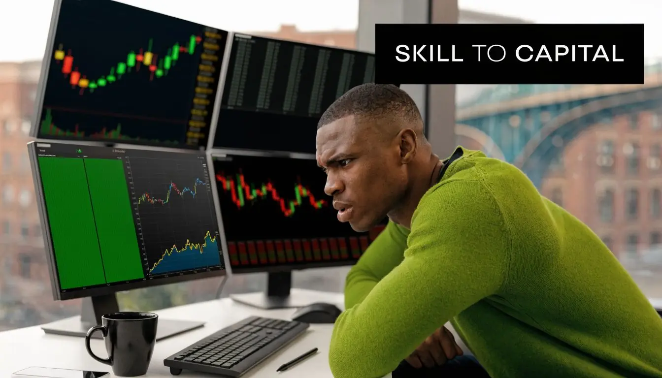 A focused man analyzing complex financial trading charts on multiple computer monitors in an office setting.