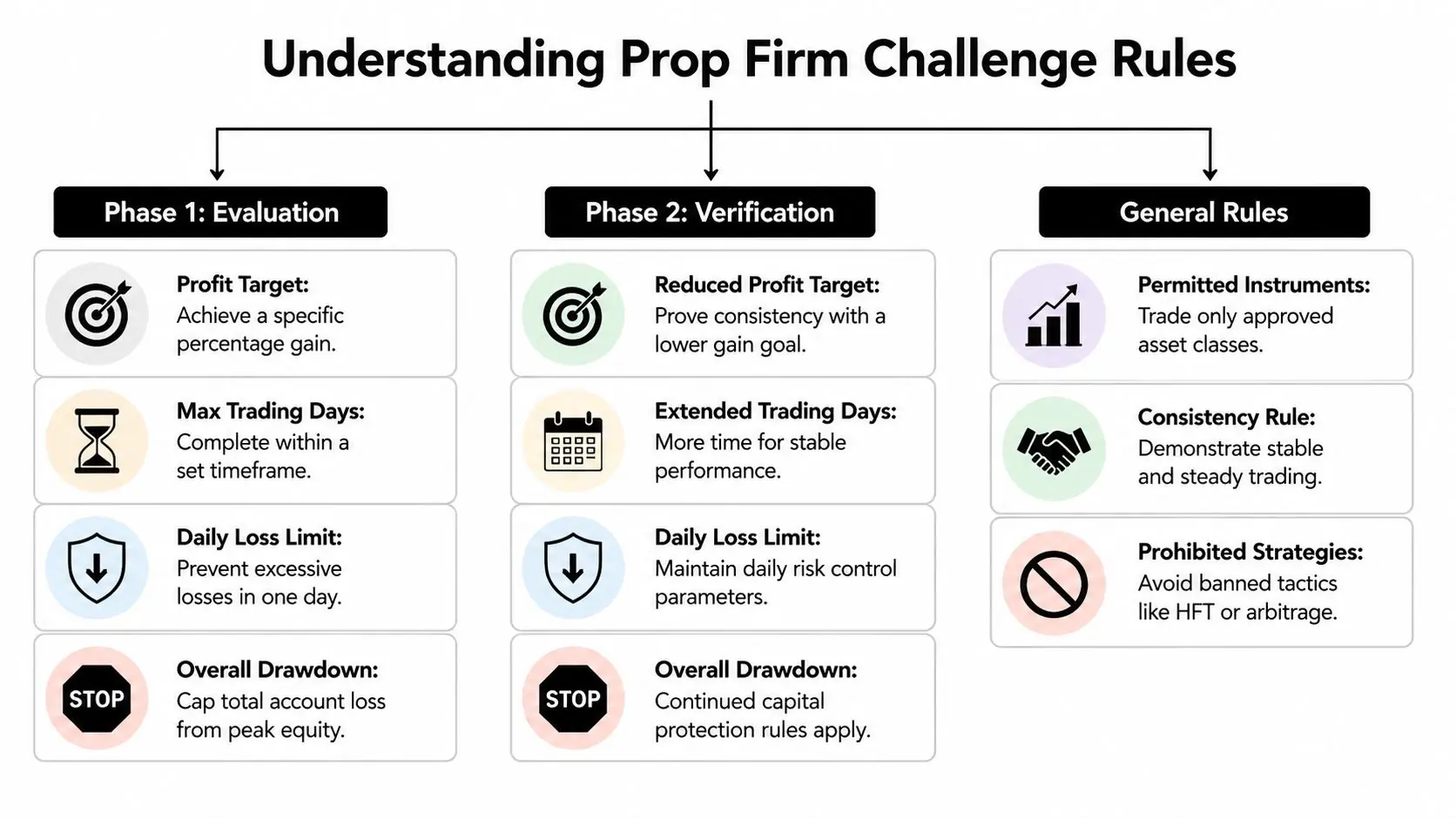 A diagram outlining the key rules and phases for successfully completing a forex prop firm challenge.