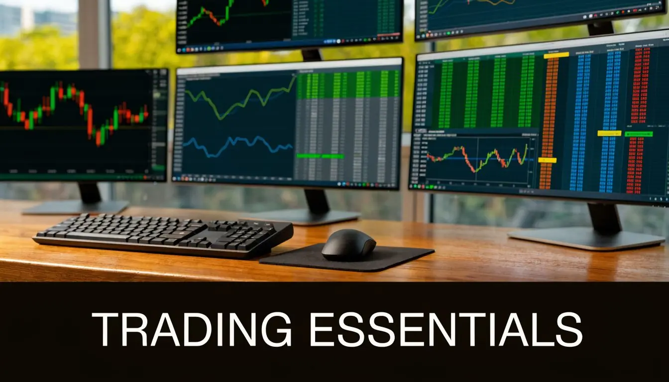 A professional trading desk setup with multiple monitors displaying stock market charts and data analysis.